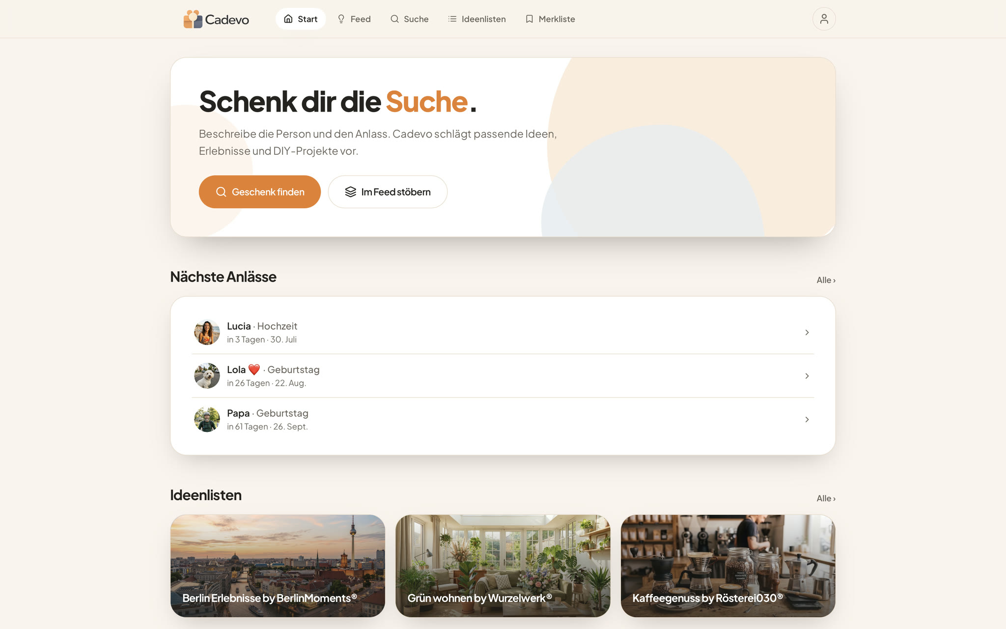 Die Startseite der Cadevo Web-App mit anstehenden Anlässen und Ideenlisten