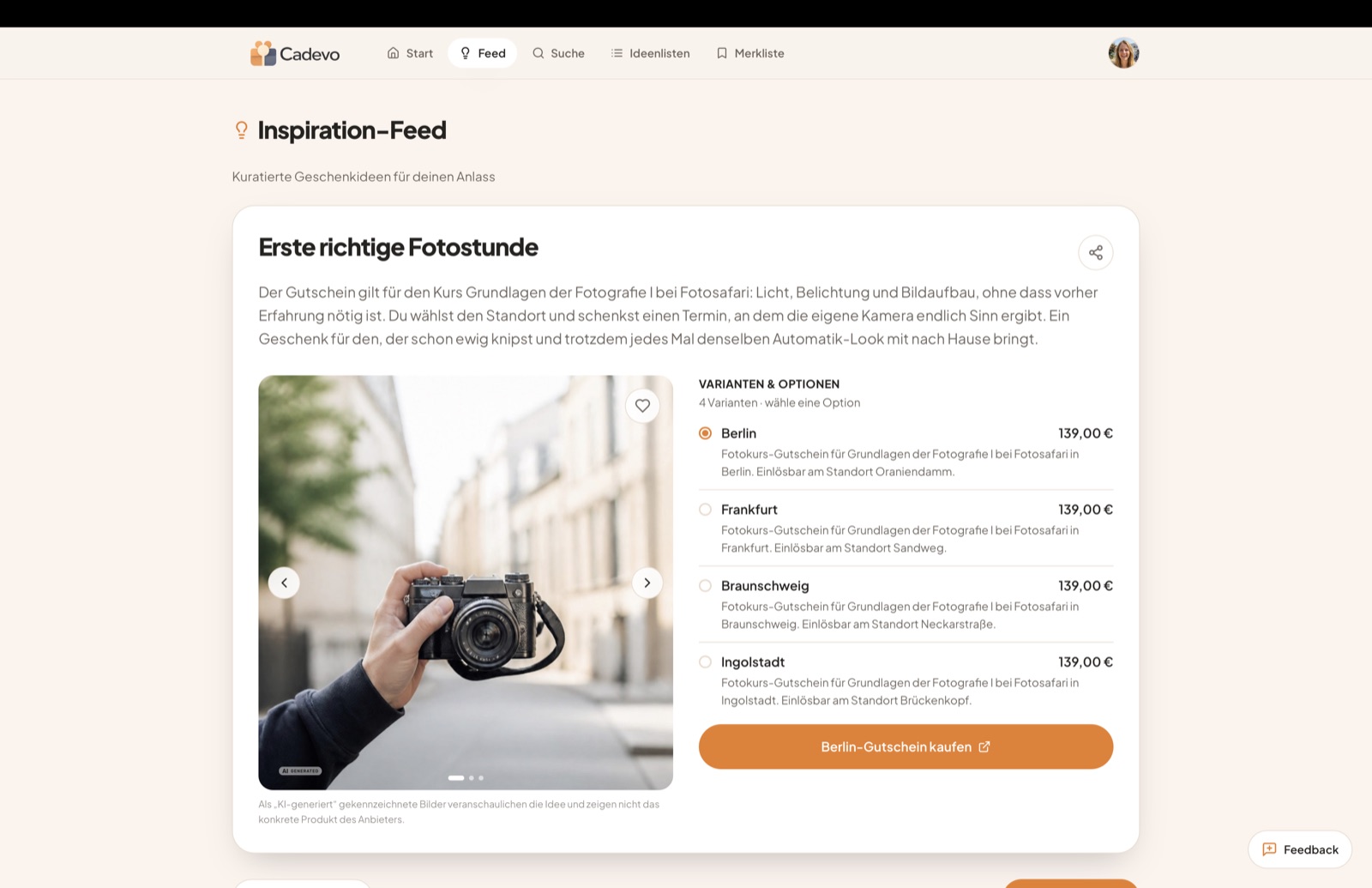 Inspiration-Feed in der Cadevo Web-App