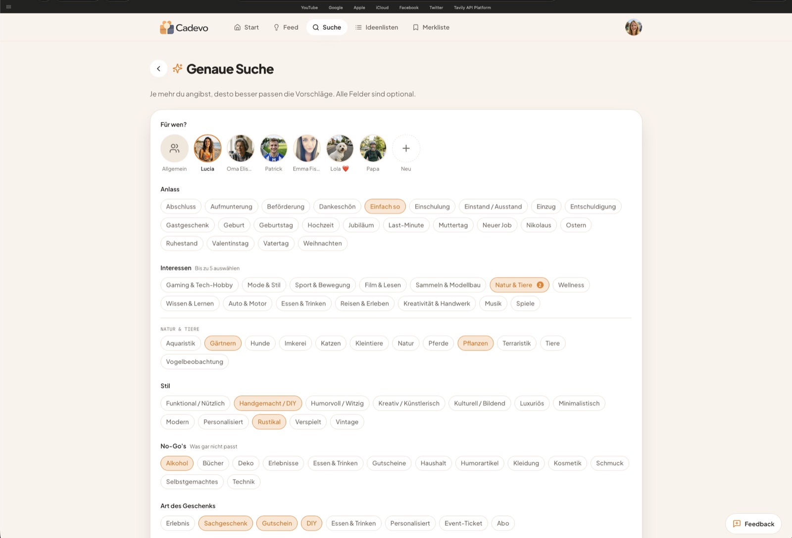 Genaue Suche in der Cadevo Web-App