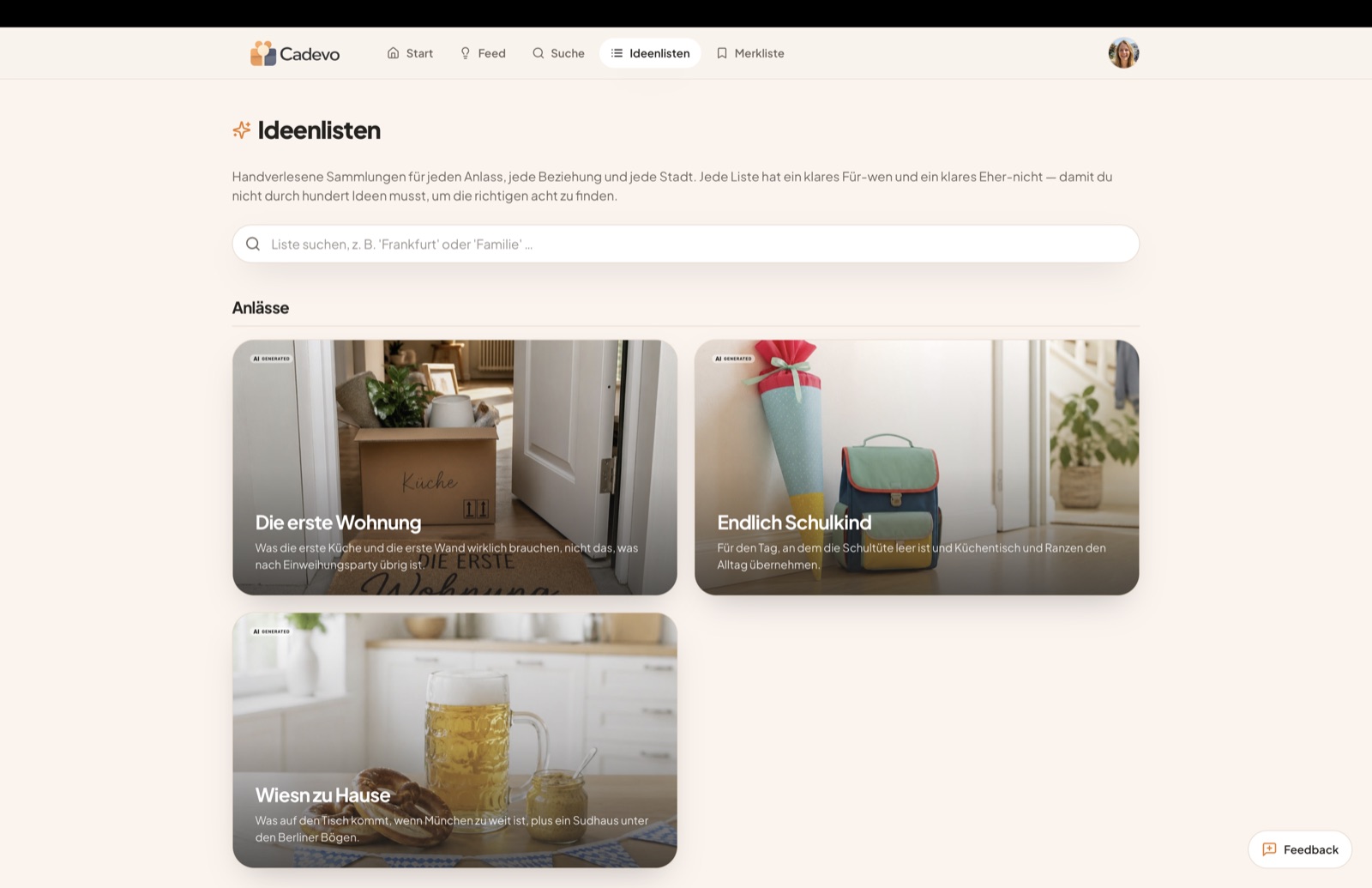 Ideenlisten in der Cadevo Web-App