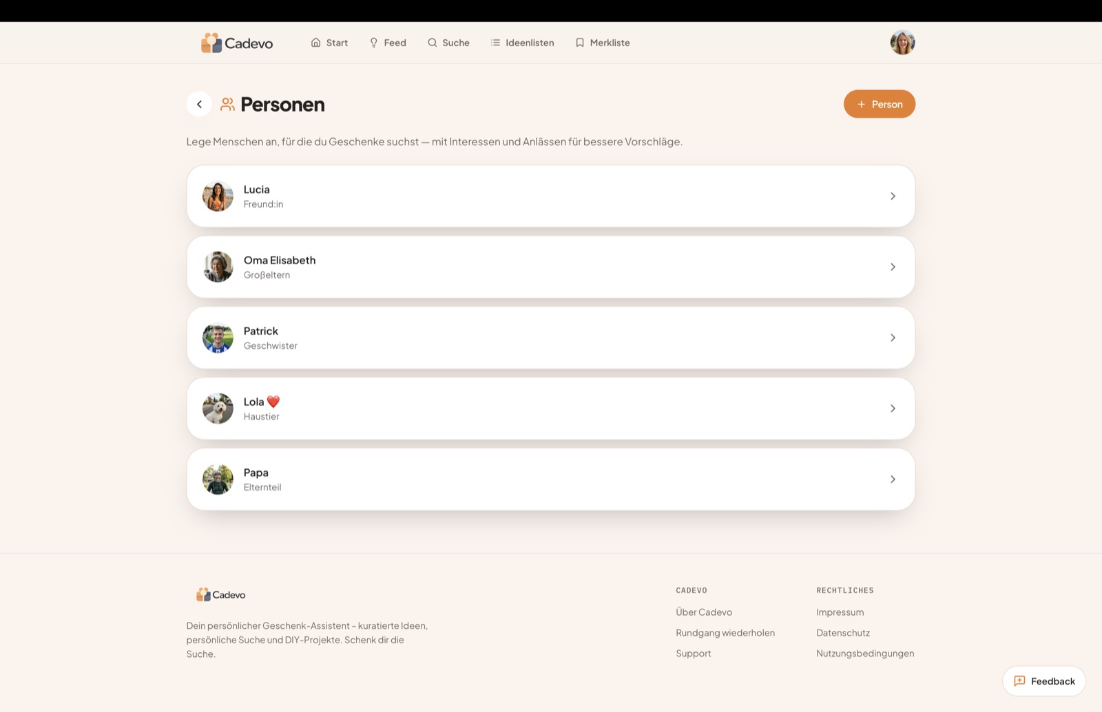 Personenübersicht in der Cadevo Web-App