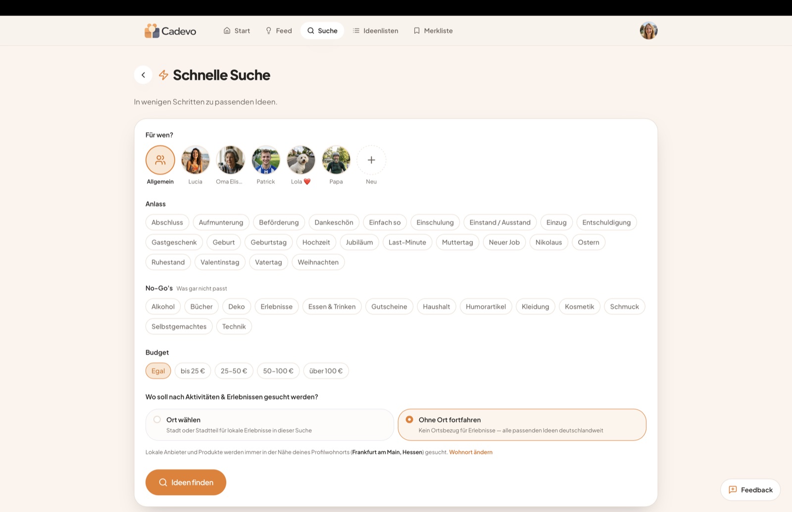 Schnelle Suche in der Cadevo Web-App